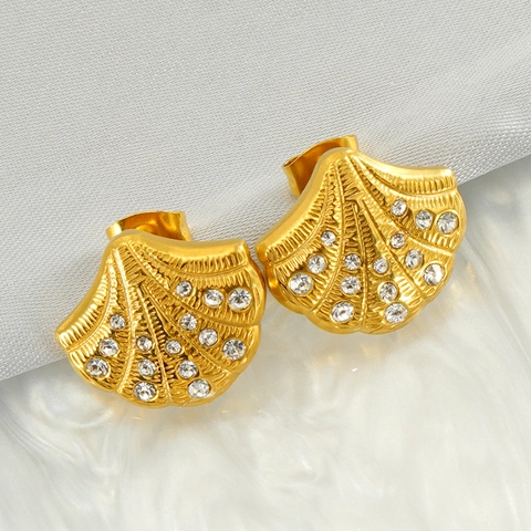 Shell Fan Shape Pendant Necklace And Earrings 18K Gold Plated Stainless Steel With Rhinestones Elegant Minimalist For Women