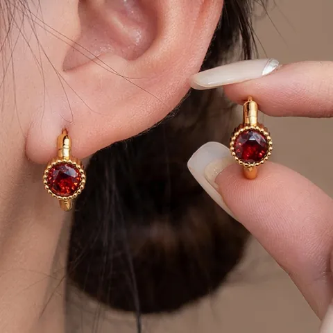 Luxury Stainless Steel 18K Gold Plated Round Rhinestone Huggie Earrings For Women Vintage High End Inlaid Hoop Earrings