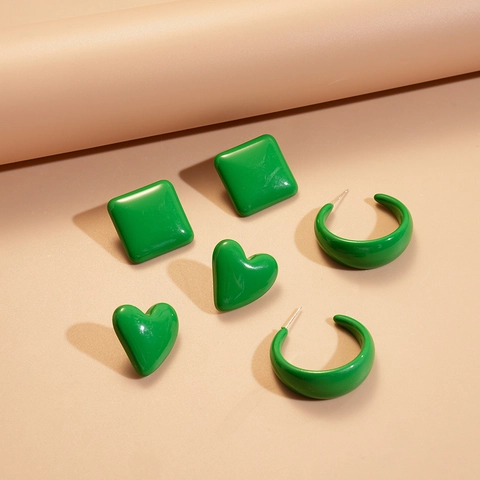 Green Acrylic Geometric Earrings For Women Vintage Glossy Heart C-Shape Square Studs With 925 Sterling Silver Earring Post