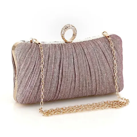 Evening Clutch Bag Pleated Glitter Fabric With Rhinestone Ring Clasp Elegant Party Wedding Handbag For Women