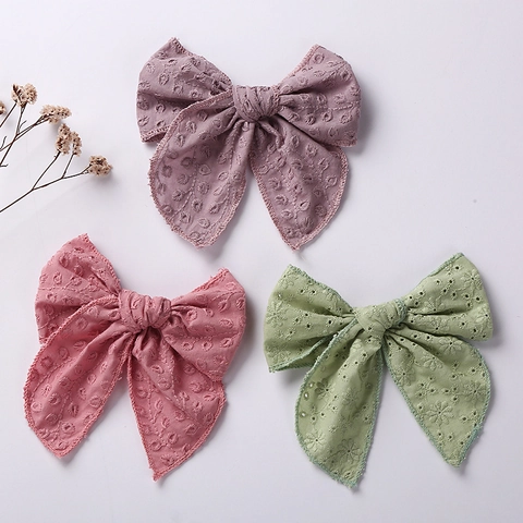Large Bow Hair Clip Embroidered Cotton Eyelet Lace Alligator Clip Solid Color Princess Style Girls Baby Kids