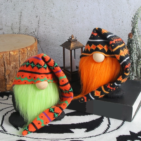 Peluche Gnomo Halloween Bambola Senza Volto Cappello Maglia Lungo Motivi Zucca Ragno Decorazione Scrivania