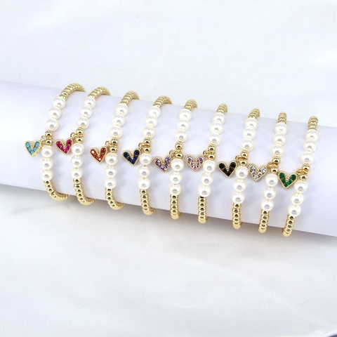 Heart Shaped Zircon Charm Beaded Bracelet Gold Plated Copper With Imitation Artificial Pearl Fashion Jewelry For Women