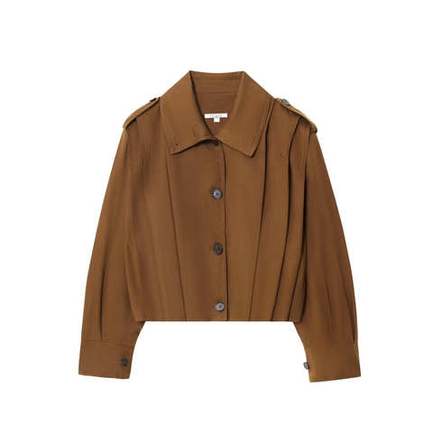 Chaqueta de Mujer Marrón Estilo Commuter Color Sólido Manga Larga Abrigo Sencillo de Pecho Con Espalda Plisada Y Charreteras