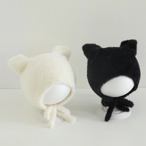 Baby Toddler Winter Plush Earflap Hat Faux Mink Fur Cute Animal Ears Warm Windproof Pullover Beanie With Straps