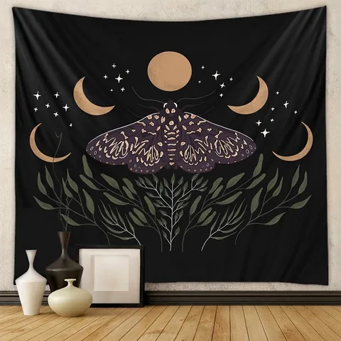 Tapisserie Murale Céleste Papillon Phase De Lune Polyester Tissu Esthétique Bohème Vintage Mystique Décoration Chambre