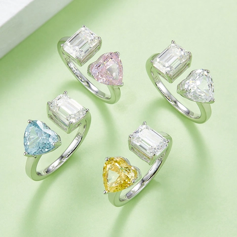S925 Sterling Zilveren Moissaniet Ring Hart Smaragd Slijpvorm Toi Et Moi Verstelbare Open Ring Voor Vrouwen Sieraden Cadeau