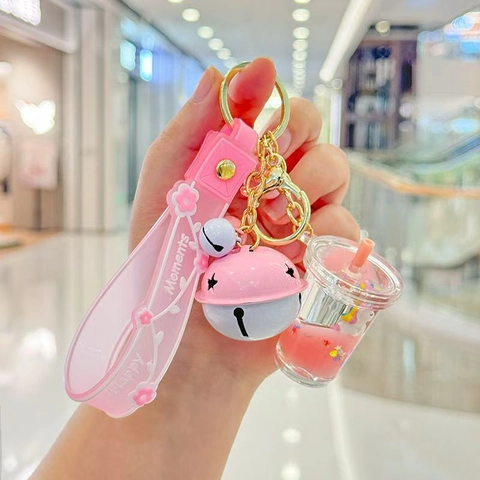 Unicorn Liquid Quick Sand Keychain Cute Cartoon Drink Cup Star Shell Shape Acrylic Pendant With Silicone Strap Bell Bag Charm