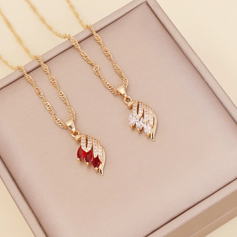 Feder Flügel Anhänger Halskette Marquise Zirkonia Legierung Kupfer Vergoldet Wellenkette Eleganter Modeschmuck Für Damen