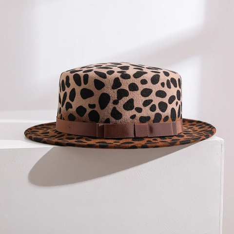 Leopard Print Australian Wool Fedora Hat Flat Top Wide Brim Bow Ribbon Decor Elegant Fashion For Women Autumn Winter