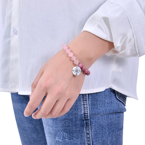 Bracciale Perle Pietra Naturale Bussola Lega Regalo Laurea Per Studenti Gioielli Elastici Con Biglietto Motivazionale