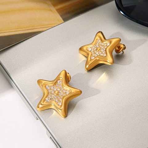 Gold Plated Stainless Steel Star Shaped Stud Earrings With Sparkling Zirconia Inlaid Elegant Trendy Jewelry For Women