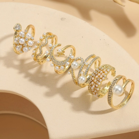 Adjustable Copper Rings Cubic Zirconia Faux Artificial Pearl Geometric Heart Star Moon Gold Plated Fashion Jewelry Women