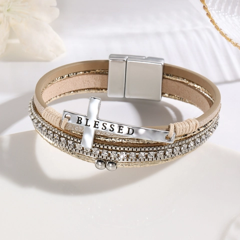 Bohemian Multi Layer Bracelet PU Leather Rhinestone Alloy Cross Blessed Magnetic Clasp Fashion Women Jewelry