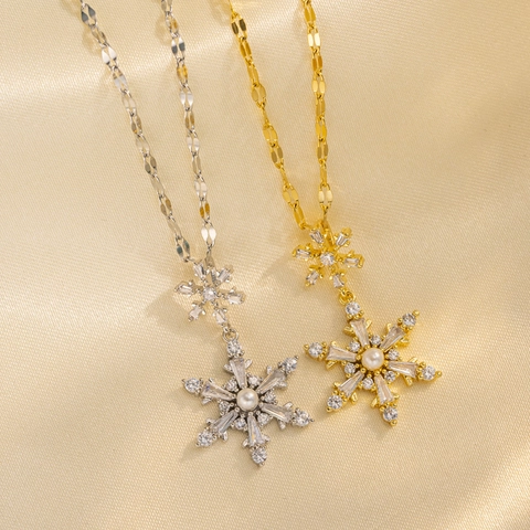 Snowflake Pendant Necklace Stainless Steel With Faux Artificial Pearl And Zircon Double Layer Hexagram Jewelry For Women