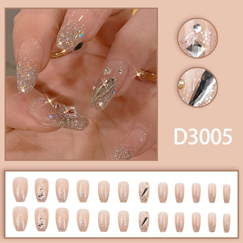 Uñas Postizas Degradado Rosa Largo Ataúd Resina ABS Con Pedrería Y Purpurina Plateada Acabado Brillante Resplandeciente