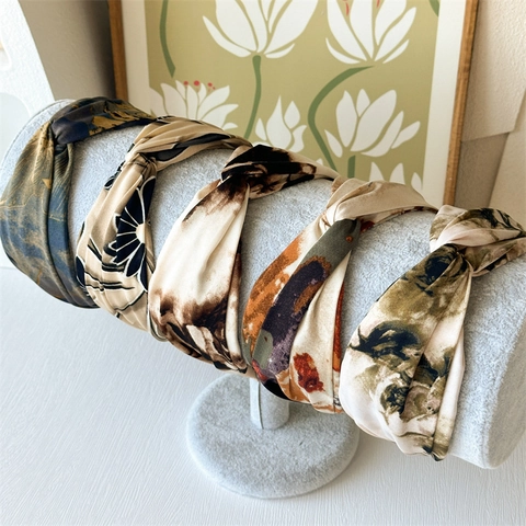Diadema De Tela Estampada Con Pintura Al Óleo Vintage Para Mujer Diadema Ancha Retro Con Nudo Giratorio Accesorios De Tela De Satén