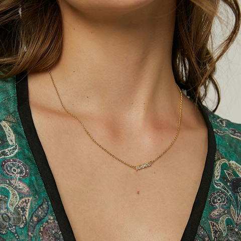 Simple 18K Gold Plated Copper Marquise Round Zirconia Horizontal Bar Pendant Necklace For Women Commuting Fashion Jewelry