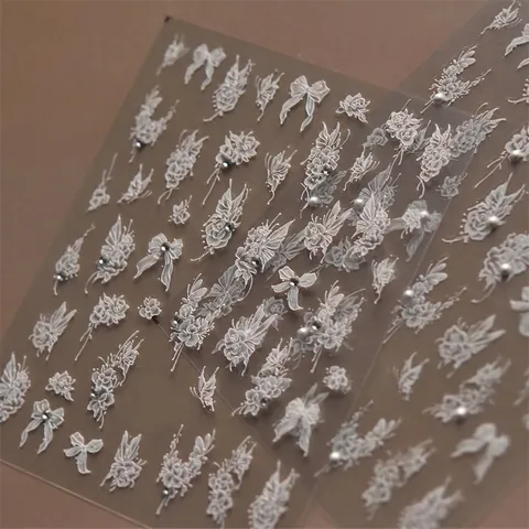 5D Embossed Nagelkunst Stickers Witte Roos Vlinder Strik Ontwerpen Met Strass Kunstparel Accenten Elegante DIY Franse Manicure