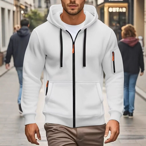 Men Full Zip Hoodie Fleece Lined Sweatshirt Drawstring Hood Functional Pockets Casual Sporty Solid Color Jacket Men