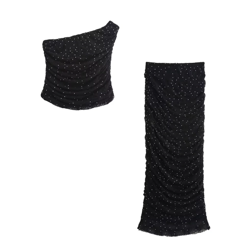 Women Sexy Lace One Shoulder Ruched Top Rhinestone Bodycon Mini Skirt Set Summer Party Nightclub Streetwear Outfits