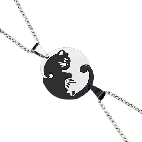 Collier Pendentif Chat Puzzle Acier Inoxydable Bijoux Assortis Coeur Yin Yang Pour Couples Meilleurs Amis Cadeau Anniversaire