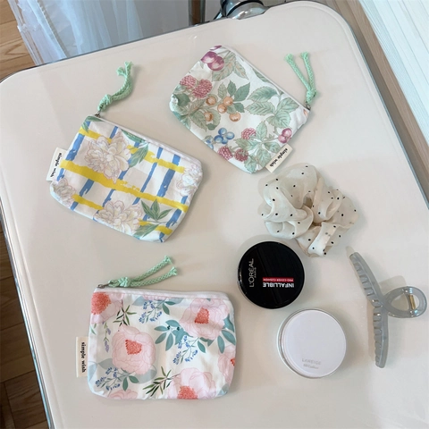Floral Cotton Coin Purse Mini Canvas Zipper Storage Bag For Earphone Lipstick Small Square Pouch Fresh Pastoral Style