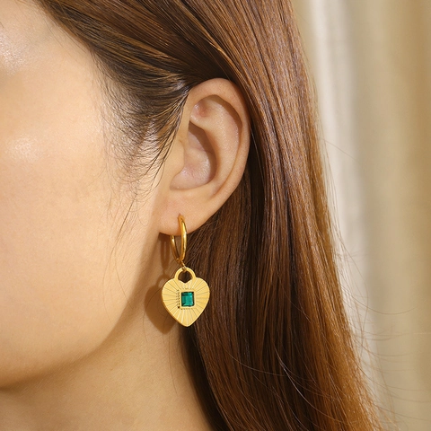 Heart Pendant Hoop Earrings Stainless Steel Green Glass Emerald Square Stone Radial Texture Vintage Jewelry For Women