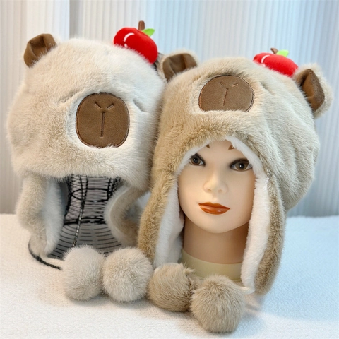 Cappello Di Peluche Con Paraorecchie Inverno Caldo Termico Simpatico Orso Cartone Animato Con Pompon Per Donne Ragazze