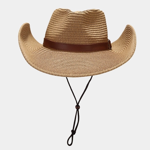 Western Cowboy Straw Hat With Leather Band Adjustable Windproof Rope Wide Brim Sun Protection Outdoor Summer Beach Travel