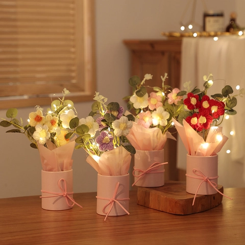 Handmade Knitted Flower Bouquet In Bucket Artificial Yarn Flowers With LED Light Romantic Gift For Birthday Wedding Home Decor