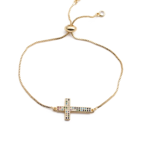 Cross Bracelet Copper Gold Plated Colorful Zircon Rainbow Adjustable Religious Jewelry For Women