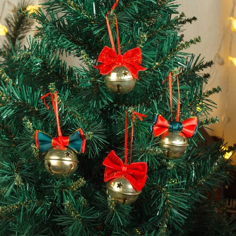 Christmas Bell Ornaments With Velvet Ribbon Bows Golden Metal Star Cutout Hanging Festive Tree Decoration