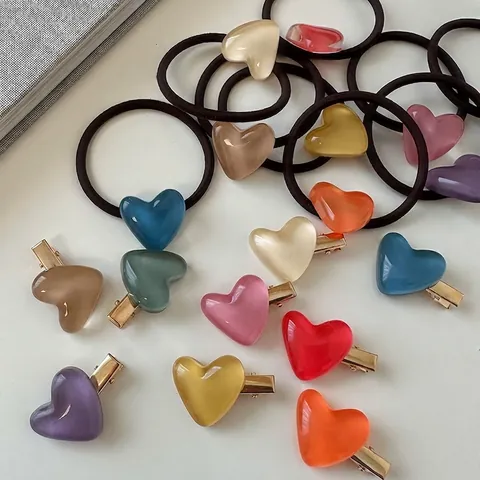 Heart Shaped Hair Clip Elastic Hair Tie Resin Transparent Jelly Color Korean Style Sweet Bangs Accessory For Women Girls