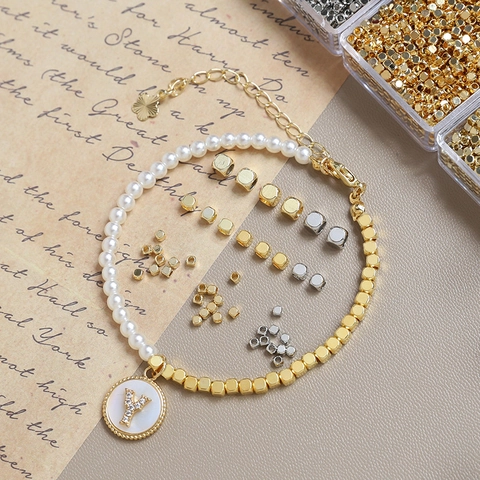 Cube Spacer Beads Gold Plated Copper Brass Square Dice Shape Small Metal Beads For DIY Jewelry Making Bracelets