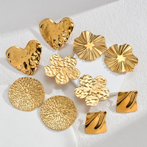 Irregular Hammered Heart Stud Earrings Stainless Steel Gold Plated Statement Vintage French Style Jewelry For Women