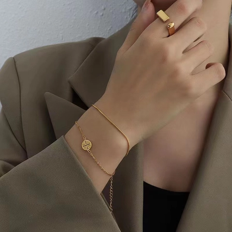 Women Double Layer Titanium Steel Bracelet 18K Gold Plated Round Hollow Charm Chinese Style Blessing Character Snake Chain