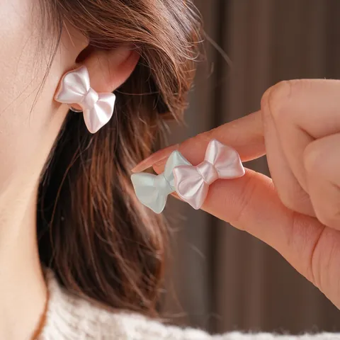 Acrylic Bowknot Stud Earrings With Silver Earring Post Pearloid Sweet Ribbon Style For Women Elegant Fashion Jewelry