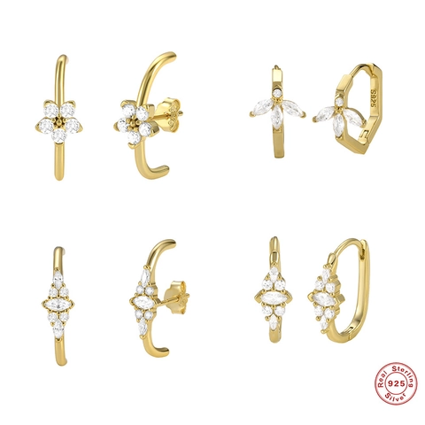 Flower Geometric 925 Sterling Silver Earring Post Hoop Earrings With Cubic Zirconia 18K Gold Plated Fashion For Women