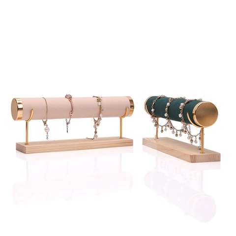 Bracelet Display Stand T-Bar Jewelry Organizer Solid Wood Base Gold Metal Velvet For Watches Bangles Hair Scrunchies