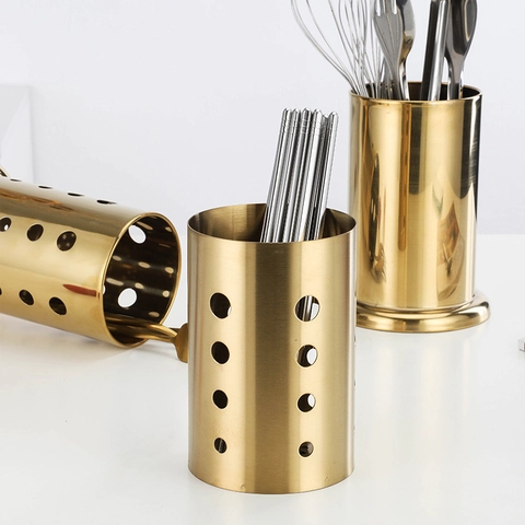 Stainless Steel Chopstick Holder Golden Cutlery Organizer Hollowed Drainage Kitchen Countertop Storage Rack With Base