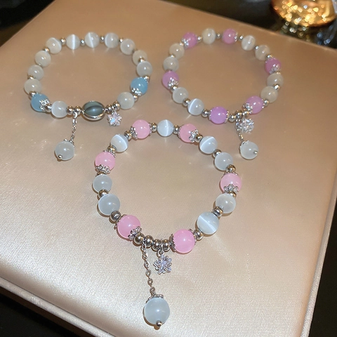 Cat's Eye Stone Beaded Bracelet With Star Zircon Pendant Elastic Korean Style Sweet Jewelry For Women