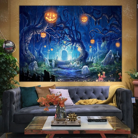 Arazzo Di Halloween Da Parete Poliestere Zucca Castello Luna Stampa 3D Decorazione Festa Sfondo