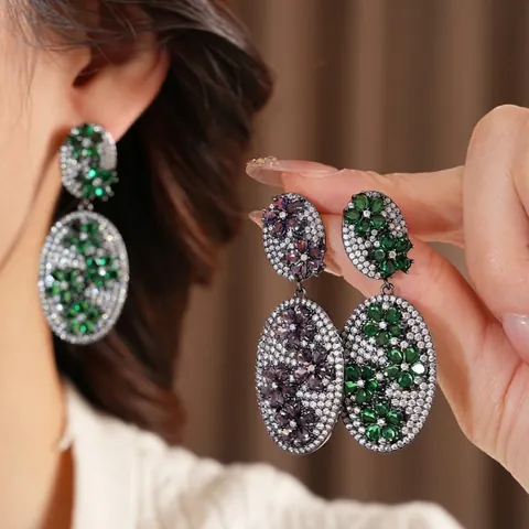 Vintage Flower Oval Dangle Earrings With Copper Zircon And Silver Earring Post Retro Luxury Jewelry For Women