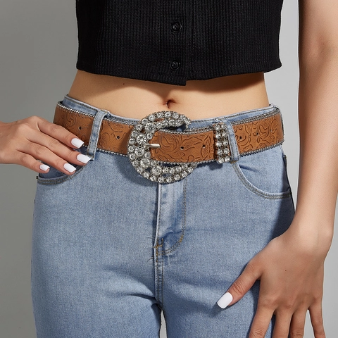 Cintura Vintage Western in Ecopelle Marrone Per Uomo Donna Fibbia con Strass Cintura in Vita con Goffratura Floreale Accessorio Moda