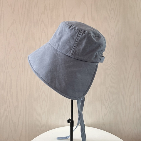Women Bucket Hat Cotton Long Strap Sun Protection Wide Brim Outdoor Travel Casual Windproof Adjustable