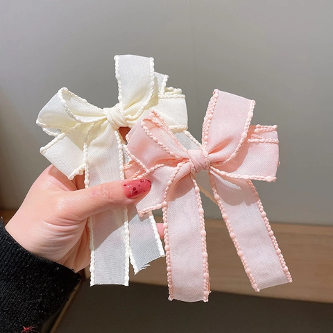 Girls Bow Hair Clips Double Layer Mesh Chiffon Bowknot Barrette With Beaded Edge Handmade Hairpins For Kids Princess