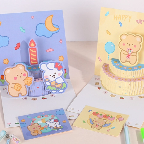 3D Pop-Up Geburtstagskarte Süßer Cartoon Bär Hase Kuchen Design Faltbare Glückwunschkarte Für Kinder Freunde