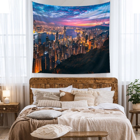 Arazzo Da Parete Con Paesaggio Urbano Notturno In Tessuto Poliestere Panno Di Sfondo Per Decorazione Camera Da Letto Soggiorno