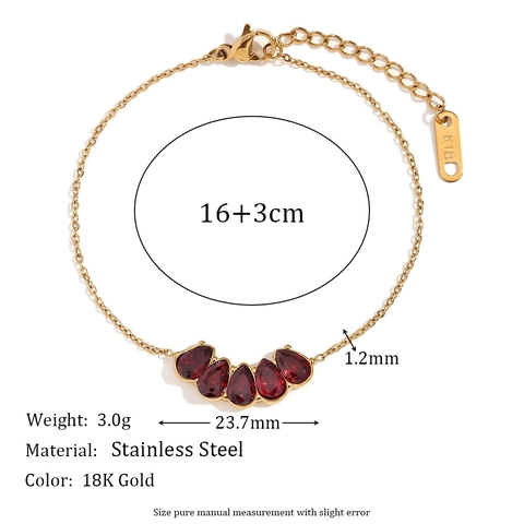 Retro Mode Armband Für Damen 18K Vergoldeter Edelstahl Mit Fünf Roten Wassertropfen Edelsteinen Verstellbarer Schmuck